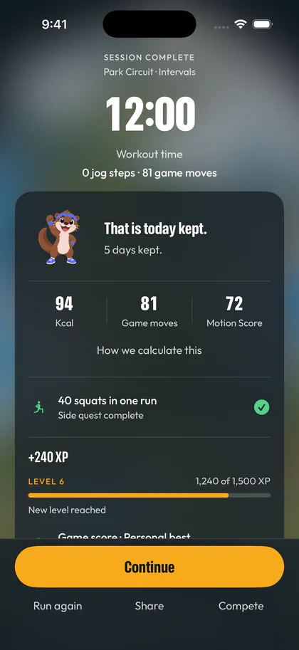 The Dashfit session complete screen, with the workout time, the move counts, a side quest marked done and a Continue button.