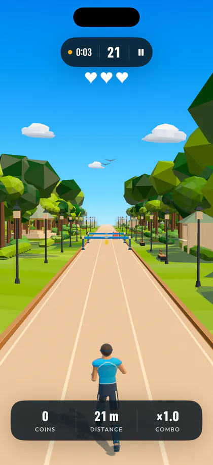 Dashfit gameplay: a runner on a three-lane park track approaching a hurdle, with the score, three lives and distance on screen.