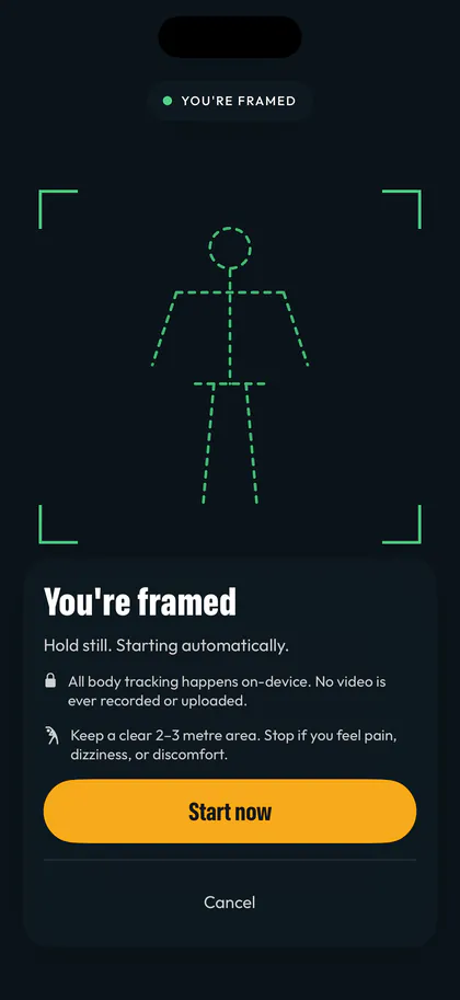 The Dashfit framing screen showing “You’re framed” with a Start now button.
