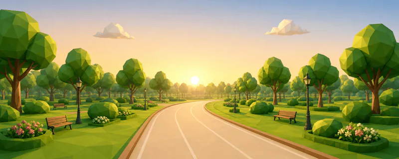 Morning Loop: a low-poly sunrise park lane course in Garden City.