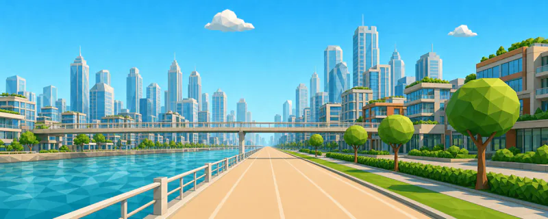 Skyline Sprint: a low-poly riverside course between glass towers in Skyline District.