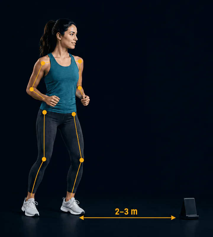 Illustration: a person stands two to three meters from a phone propped on the floor, with marks on the shoulders, elbows, hips and knees.